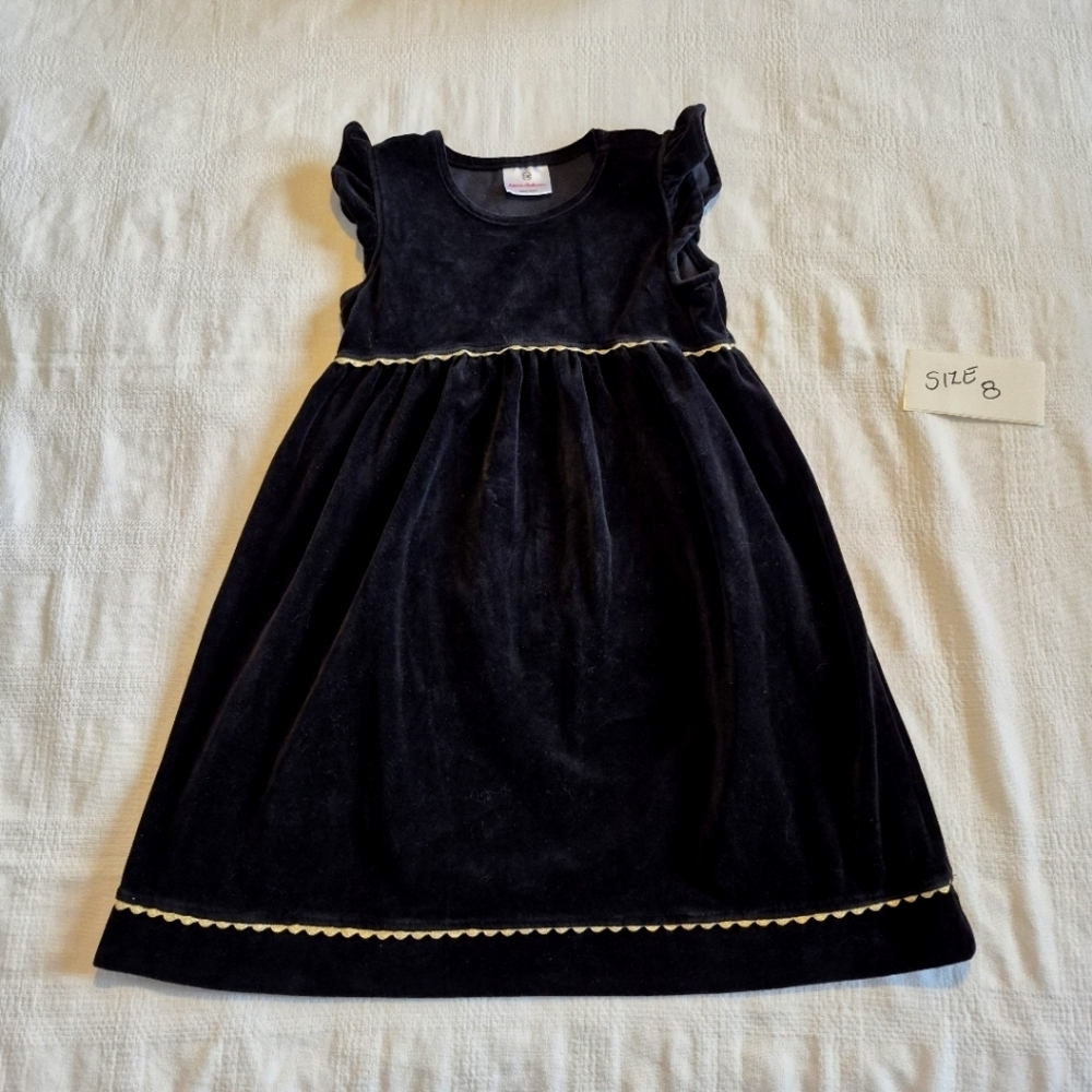 Hanna Andersson girls size 130 or 8 black velour dress with gold trim EUC